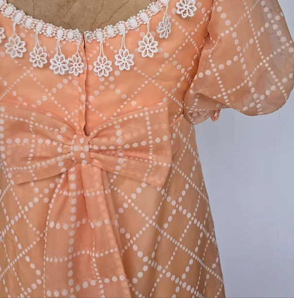Vintage Bridgerton Puff Sleeve Orange Cream Bow Back Crochet Fringe Dress, XS/S - Picture 3 of 12